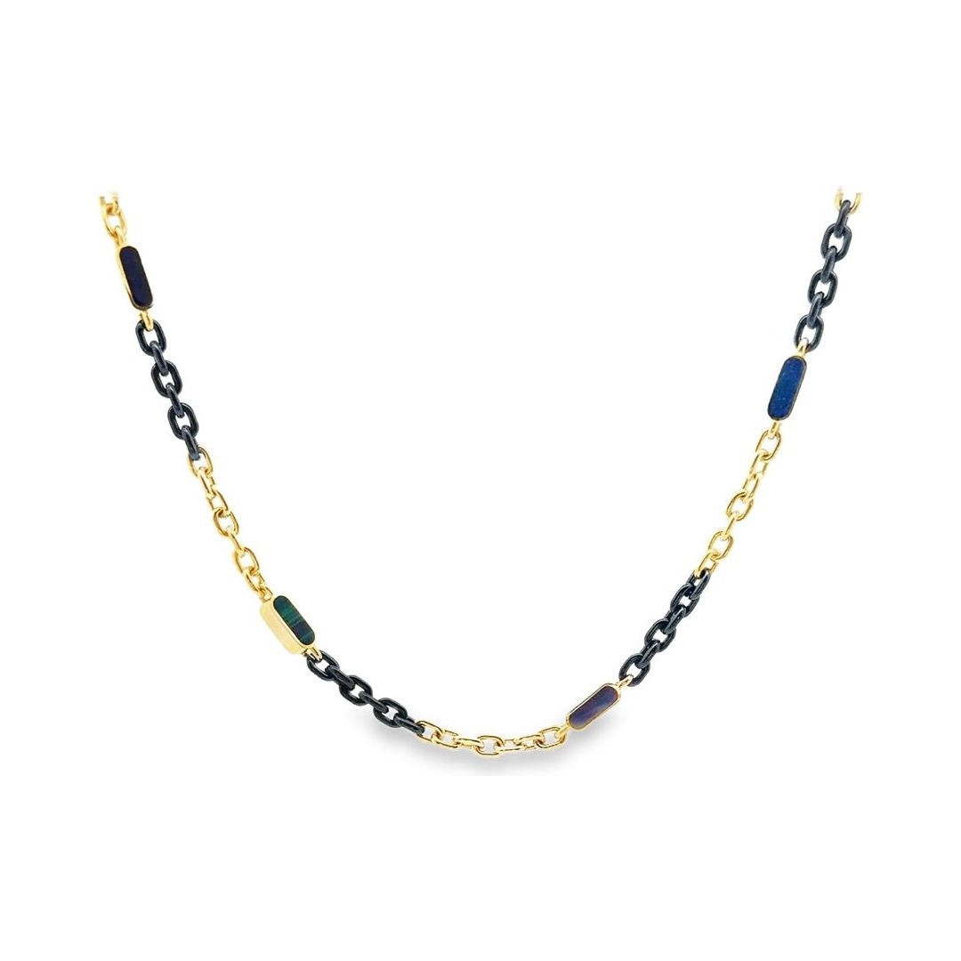 18K Yellow Gold and Black Chain Necklace with Lapis Lazuli and Malachite and Tiger Eye