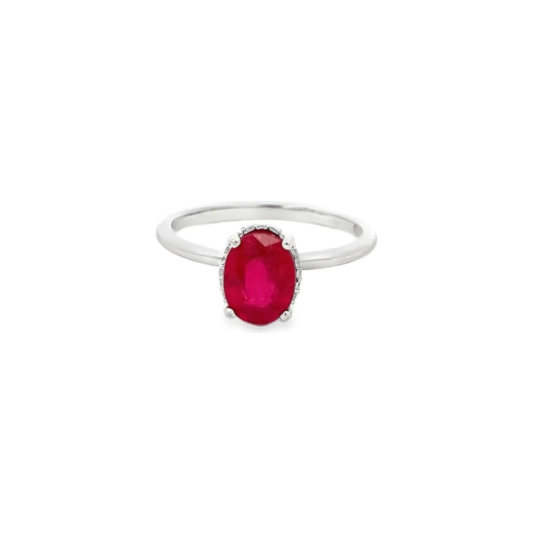 18K White Gold Ring with Natural Treated Ruby & Round Diamonds