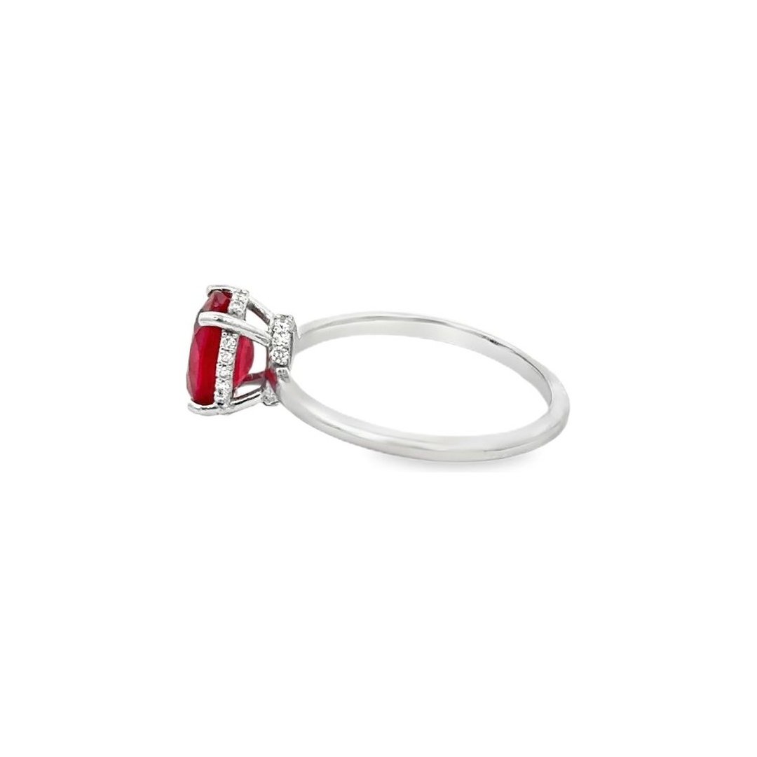 18K White Gold Ring with Natural Treated Ruby & Round Diamonds