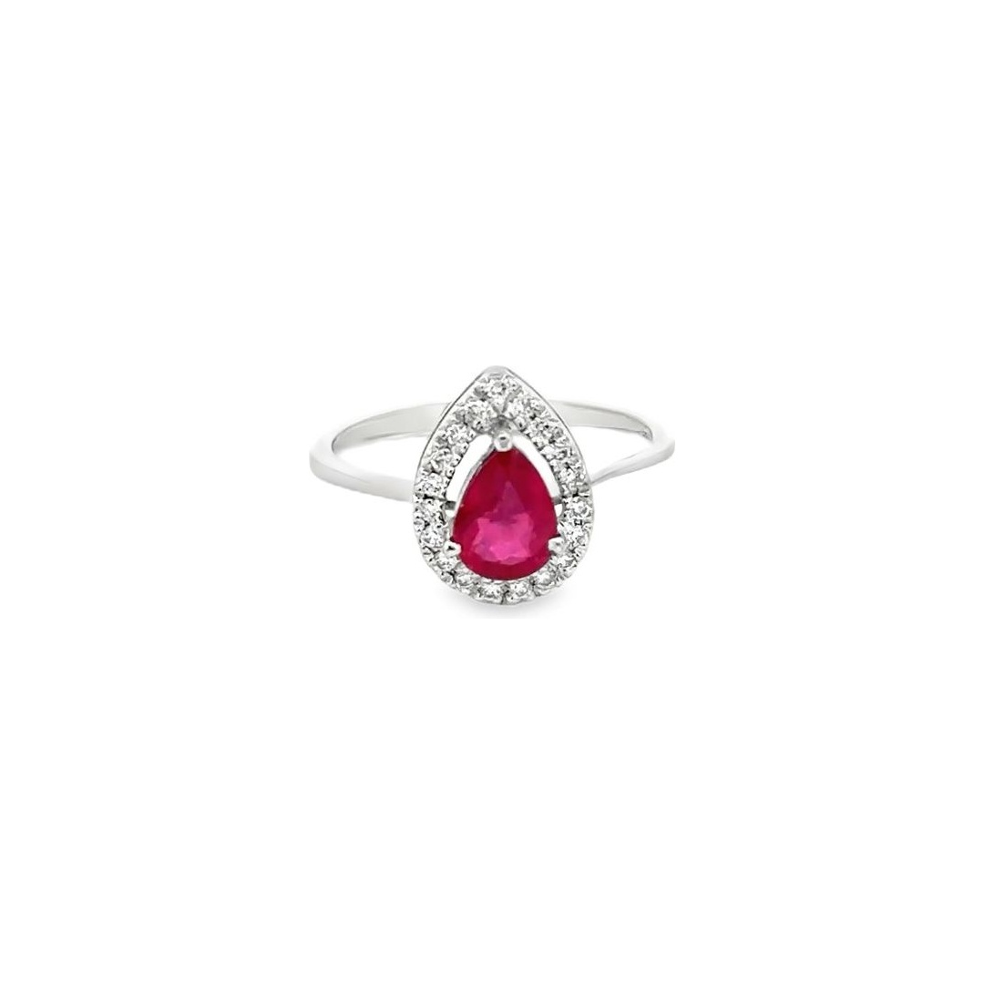 18K White Gold Ring with Pear-Shaped Natural Treated Ruby & Natural ...