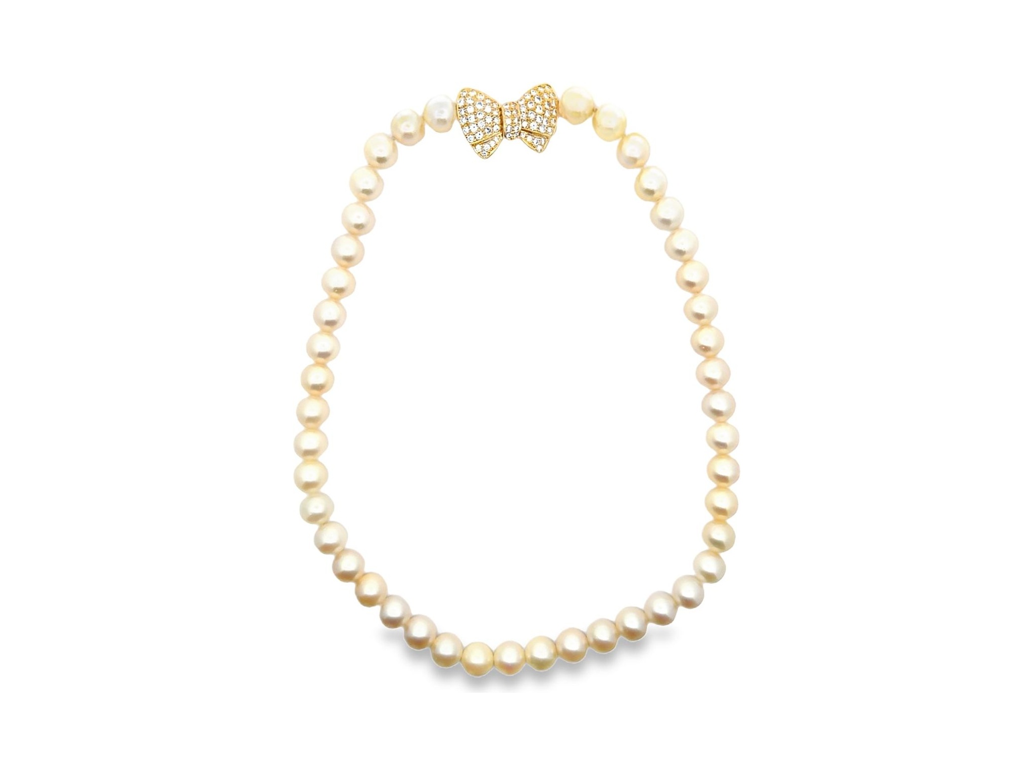 Luxurious 9–10mm Japanese Akoya Pearl Strand Necklace with 18K Yellow Gold Bow-Shaped Clasp Set with Natural Diamonds.