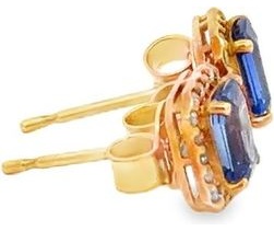 18K Yellow Gold Blue Sapphire Halo Stud Earrings with Natural Diamonds