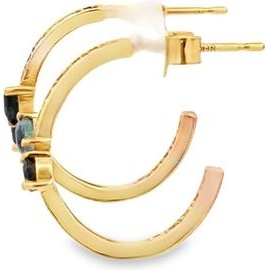 18K Gold Blue Sapphire & Natural Diamond Open Hoop Earrings