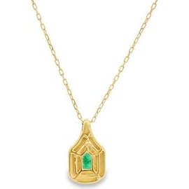 18K Yellow Gold Emerald Halo Pendant Necklace with Natural Diamonds