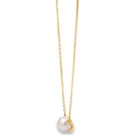 18K Yellow Gold Pearl Necklace with Natural Diamond Accent