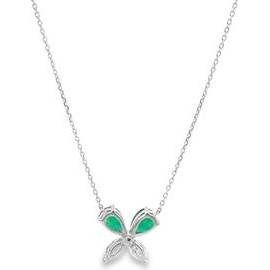 18K White Gold Emerald Butterfly Necklace with Natural Diamonds