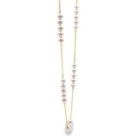18K Yellow Gold Pearl Station Necklace with Natural Diamonds