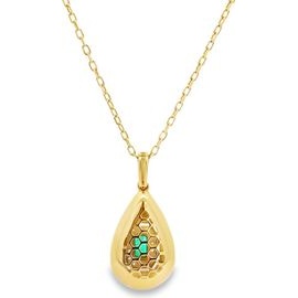 18K Yellow Gold Emerald Halo Teardrop Necklace with Natural Diamonds