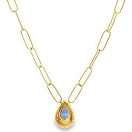 18K Yellow Gold Sapphire Halo Necklace with Natural Diamonds – Paperclip Chain