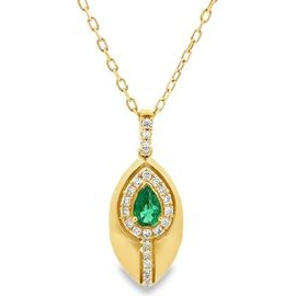 18K Yellow Gold Pear Emerald & Natural Diamond Drop Necklace