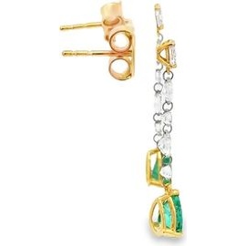 18K Yellow Gold Emerald Drop Earrings with Natural Diamonds