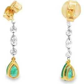 18K Yellow Gold Emerald Drop Earrings with Natural Diamonds