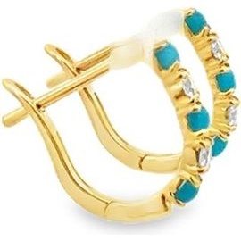 18K Yellow Gold Turquoise & Natural Diamond Hoop Earrings