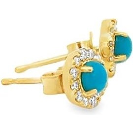18K Yellow Gold Turquoise round Stud Earrings with Natural Diamonds