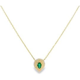 18K Yellow Gold Emerald Halo Pendant Necklace with Natural Diamonds