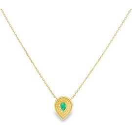 18K Yellow Gold Emerald Halo Pendant Necklace with Natural Diamonds