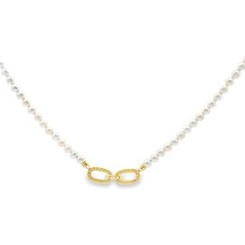 18K Yellow Gold 3mm Fresh Water Pearl & Diamond Bar Necklace