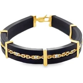 Bla12.800ck Leather Bracelet with 18K Gold Chain and Synthetic Stones