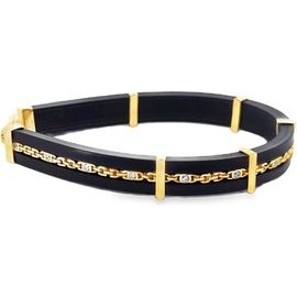 Bla12.800ck Leather Bracelet with 18K Gold Chain and Synthetic Stones