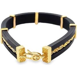 Bla12.800ck Leather Bracelet with 18K Gold Chain and Synthetic Stones