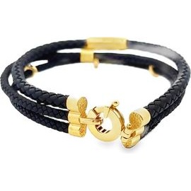 Triple-Strand Black Braided Leather Bracelet with 18K Gold Details