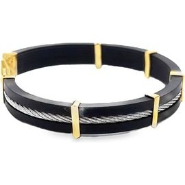 Black Leather Bracelet with Steel Cable and 18K Yellow Gold Accents