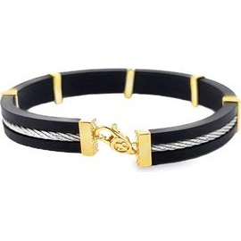 Black Leather Bracelet with Steel Cable and 18K Yellow Gold Accents
