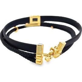 Triple-Layer Black Leather Bracelet with 18K Yellow Gold and Blue Synthetic Stones