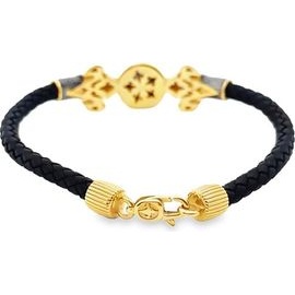 Black Leather Bracelet with 18K Yellow Gold and Lapis Lazuli Centerpiece