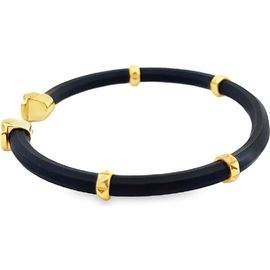 18K Yellow Gold and Black Leather Open Bangle Bracelet