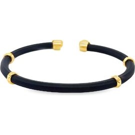 18K Yellow Gold and Black Leather Open Bangle Bracelet