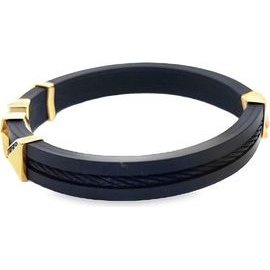18K Yellow Gold Bracelet with Black Cable, Leather, and Black Stones