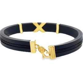 18K Yellow Gold Bracelet with Black Cable, Leather, and Black Stones