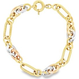 18K Three-Tone Gold Textured Oval Link Bracelet