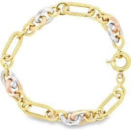 18K Three-Tone Gold Textured Oval Link Bracelet