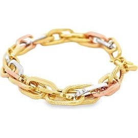 18K Three-Tone Gold Textured and Polished Link Bracelet