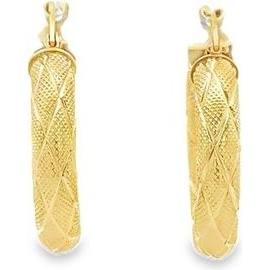 18K Yellow Gold Textured Cross-Hatch Hoop Earrings