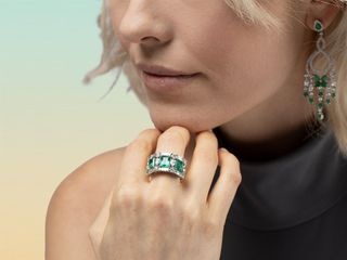 18K White Gold Ring with Emerald-Cut Emeralds, Natural Baguette, Marquise and Round Diamonds
