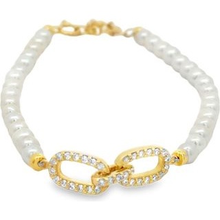 Fresh Water Pearl & Natural Diamond Link Bracelet – 18K Gold