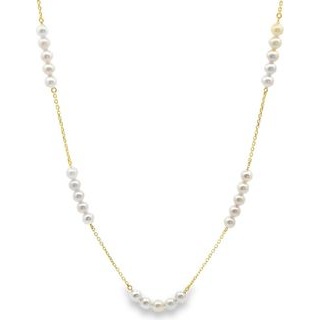 18K Yellow Gold Pearl Station Necklace with Natural Diamonds
