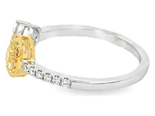 18K White Gold Open Band Ring with Natural Fancy Yellow Oval-Shaped Diamond, White Pear-Shaped Diamond, and Pavé Round Diamonds on the Band