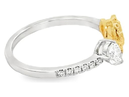 18K White Gold Open Band Ring with Natural Fancy Yellow Oval-Shaped Diamond, White Pear-Shaped Diamond, and Pavé Round Diamonds on the Band