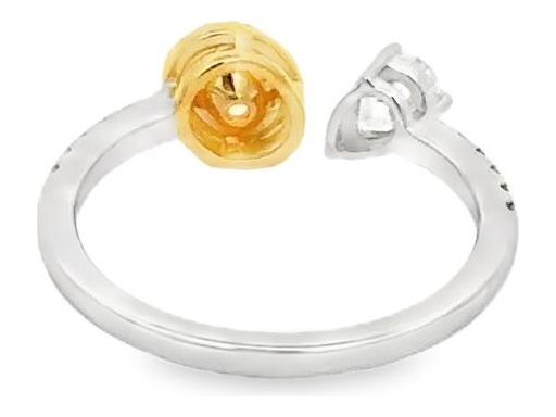 18K White Gold Open Band Ring with Natural Fancy Yellow Oval-Shaped Diamond, White Pear-Shaped Diamond, and Pavé Round Diamonds on the Band