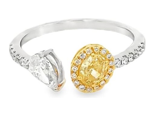 18K White Gold Open Band Ring with Natural Fancy Yellow Oval-Shaped Diamond, White Pear-Shaped Diamond, and Pavé Round Diamonds on the Band