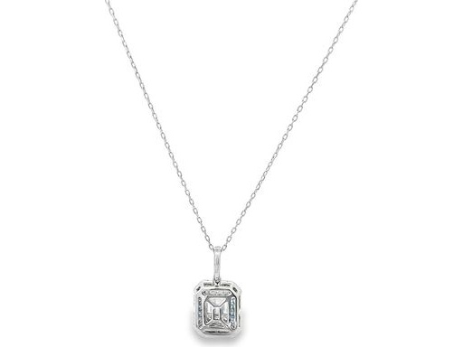18K White Gold Pendant with Natural Baguette-Cut Diamonds, Blue Sapphire Halo, and Outer Round Diamond Halo (with Chain)
