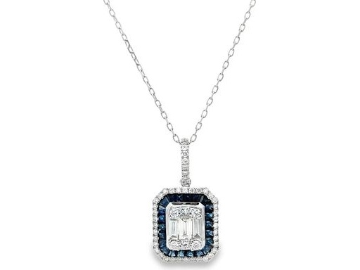 18K White Gold Pendant with Natural Baguette-Cut Diamonds, Blue Sapphire Halo, and Outer Round Diamond Halo (with Chain)