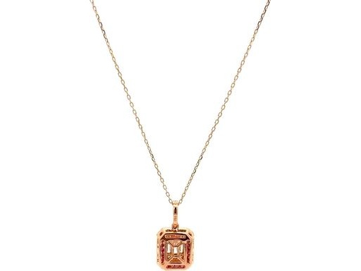 18K Rose Gold Pendant with Natural Baguette-Cut Diamonds, Ruby Halo, and Outer Round Diamond Halo (with Chain)
