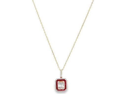 18K Rose Gold Pendant with Natural Baguette-Cut Diamonds, Ruby Halo, and Outer Round Diamond Halo (with Chain)