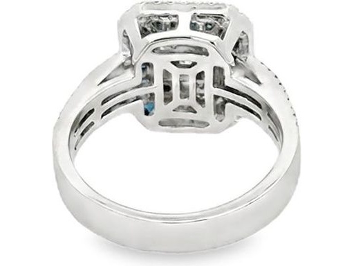18K White Gold Ring with Natural Baguette-Cut Diamonds, Blue Sapphire Halo, and Outer Round Diamond Halo