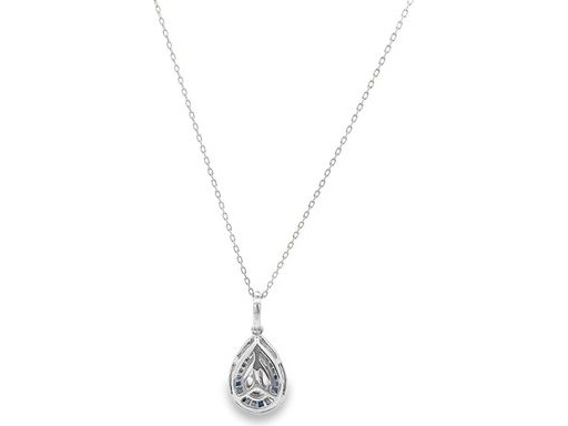 18K White Gold Pendant with Natural Marquise and Princess-Cut Diamonds, Blue Sapphire Halo, and Outer Round Diamond Halo (with Chain)
